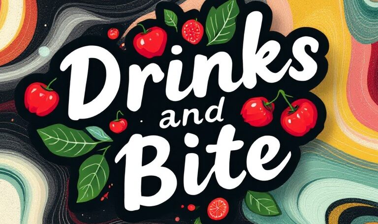 Header image for Drinks and Bite, featuring a vibrant and modern design with elements of food and beverages, complementing the sleek logo in shades of white, green, and red.