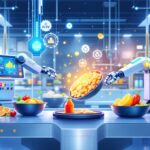 Futuristic illustration of technology in the food and beverage industry, showcasing advanced machinery and digital screens displaying data. Robotic arms are seen working with food ingredients in a modern laboratory setting, highlighting innovation and efficiency. The image includes symbols for green energy and recycling, emphasizing the eco-friendly aspect of modern technology