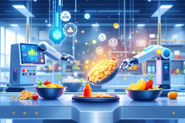 Futuristic illustration of technology in the food and beverage industry, showcasing advanced machinery and digital screens displaying data. Robotic arms are seen working with food ingredients in a modern laboratory setting, highlighting innovation and efficiency. The image includes symbols for green energy and recycling, emphasizing the eco-friendly aspect of modern technology