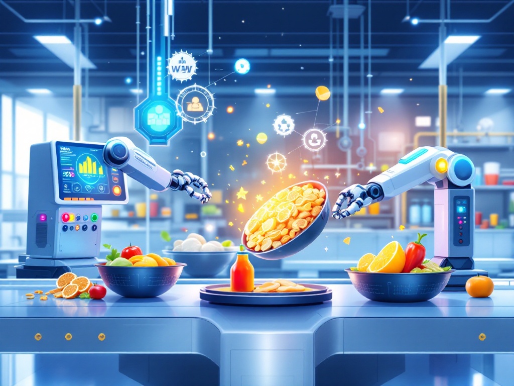 Futuristic illustration of technology in the food and beverage industry, showcasing advanced machinery and digital screens displaying data. Robotic arms are seen working with food ingredients in a modern laboratory setting, highlighting innovation and efficiency. The image includes symbols for green energy and recycling, emphasizing the eco-friendly aspect of modern technology