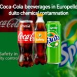 Image depicting the recall of Coca-Cola beverages in Europe due to chemical contamination, featuring Coca-Cola, Fanta, Sprite bottles, and a safety symbol highlighting the importance of quality control