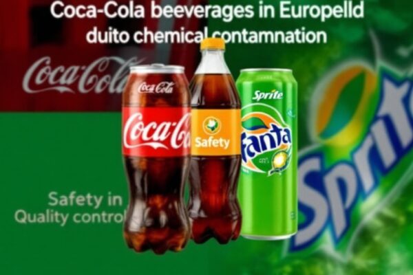 Image depicting the recall of Coca-Cola beverages in Europe due to chemical contamination, featuring Coca-Cola, Fanta, Sprite bottles, and a safety symbol highlighting the importance of quality control