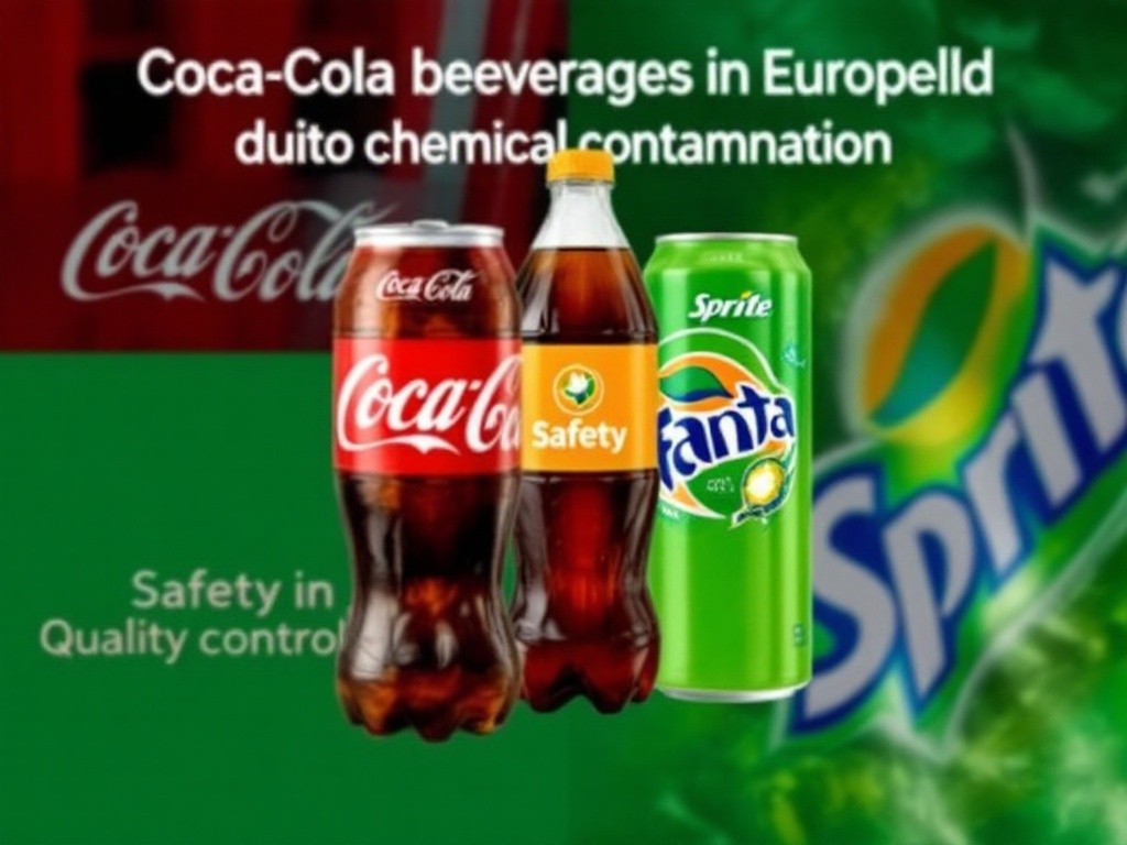 Image depicting the recall of Coca-Cola beverages in Europe due to chemical contamination, featuring Coca-Cola, Fanta, Sprite bottles, and a safety symbol highlighting the importance of quality control