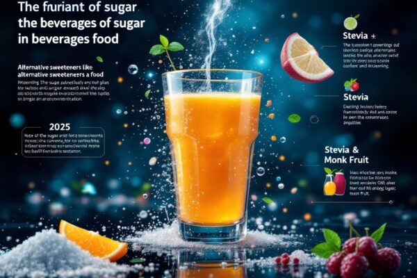 A modern illustration depicting the impact of sugar in beverages and food, featuring alternative sweeteners like stevia and monk fruit, designed with a contemporary and innovative style for 2025