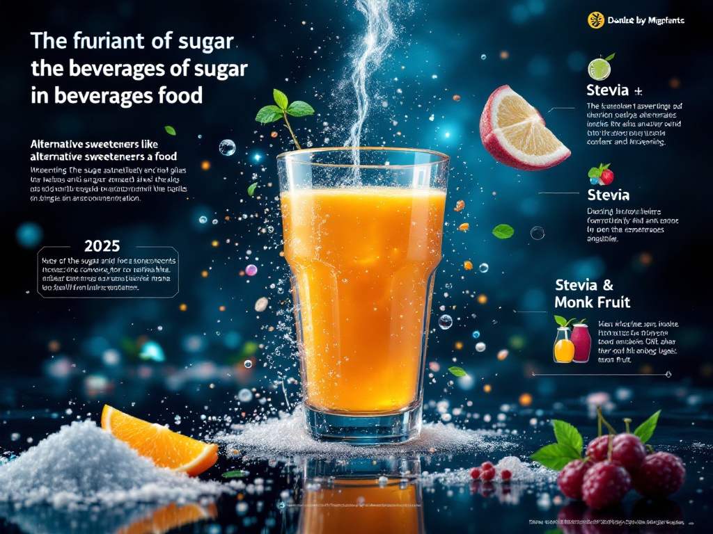 A modern illustration depicting the impact of sugar in beverages and food, featuring alternative sweeteners like stevia and monk fruit, designed with a contemporary and innovative style for 2025