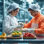 An illustration showcasing the latest innovations in food and beverage production, highlighting sustainable packaging, plant-based ingredients, and advanced technologies for 2025.
