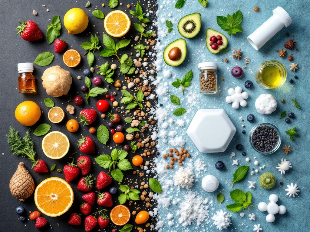 Illustration depicting the debate between natural and artificial flavorings in the food and beverage industry, featuring natural ingredients like fruits and plants on one side and synthetic laboratory elements on the other.